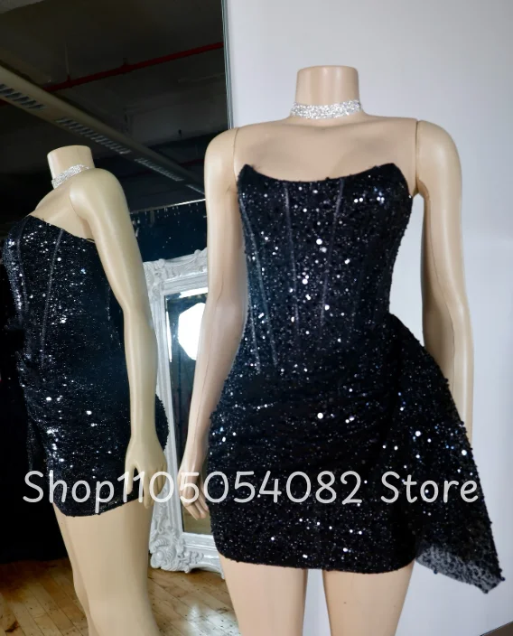Curto preto sexy personalizado vestidos de baile sem alças sem mangas lantejoulas plissado mini festa de aniversário vestidos de noite