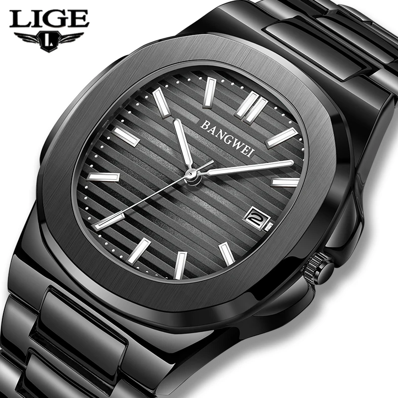 LIGE Men Black Watch Luxury Quartz Watches For Men Military Wristwatch Stainless Steel Luminous Waterproof Date Clock Relogios