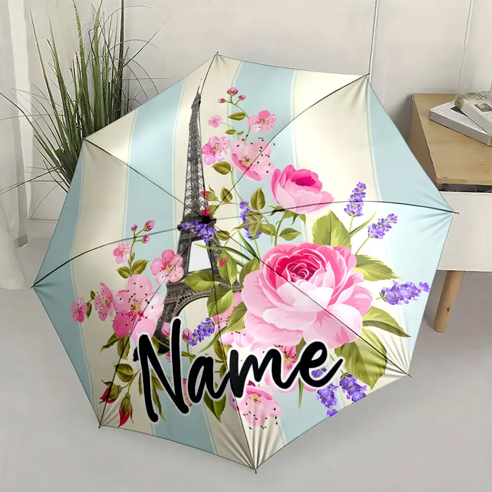 Custom Name Romantic Floral Eiffel Tower Umbrella 8 Iron Ribs Folding Umbrella Auto-Open Fashionable Sunshade Deluxe Gift