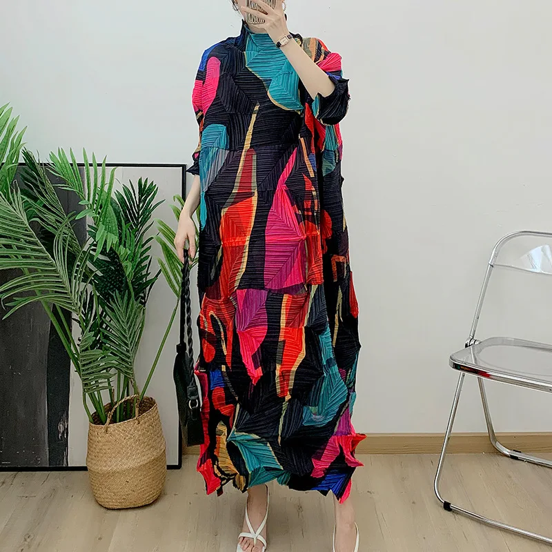 Printed Pleated Irregular Diamond Pleated Long Dress 2024 Spring and Autumn New Design Loose Dress Large Women's Wear