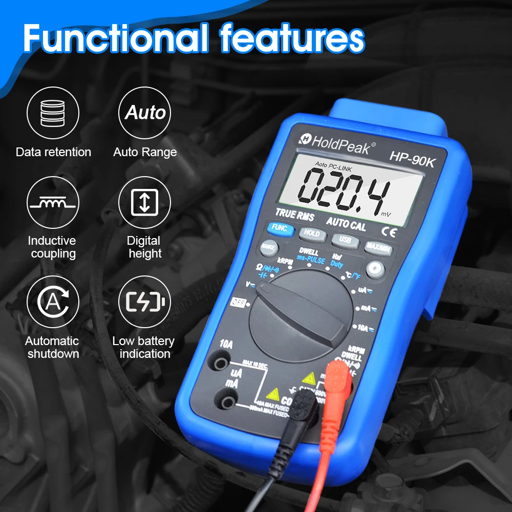 Imagem -02 - Holdpeak-auto Range Car Diagnostic Tool Motor Analyzer Tester Multímetro Automotivo Multímetro Saída de Dados por Usb Hp-90k