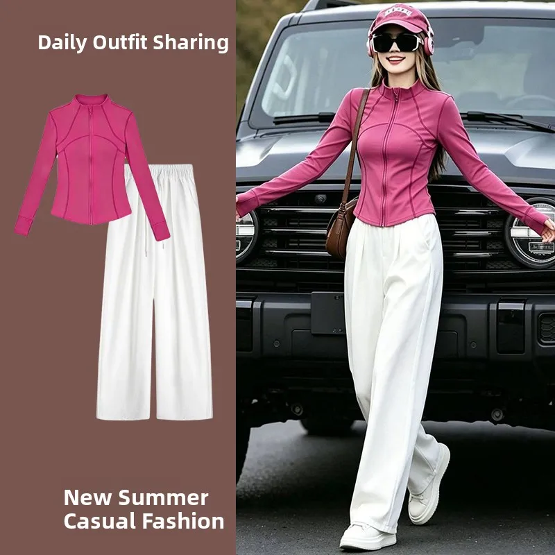 

Stylish Summer Sportswear Set for Women Thin Climbing Outfit High Waist Long Pants Long Sleeve T-Shirt Cardigan Slimming Effect