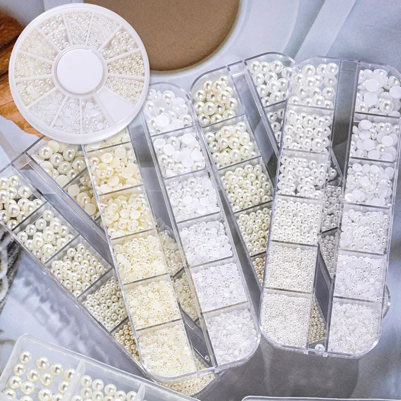High Quality New Nail Jewelry Boxed 12 Grid 6grid Mixed Nail Pearl Straight Hole Non-porous Radius Pearl Set