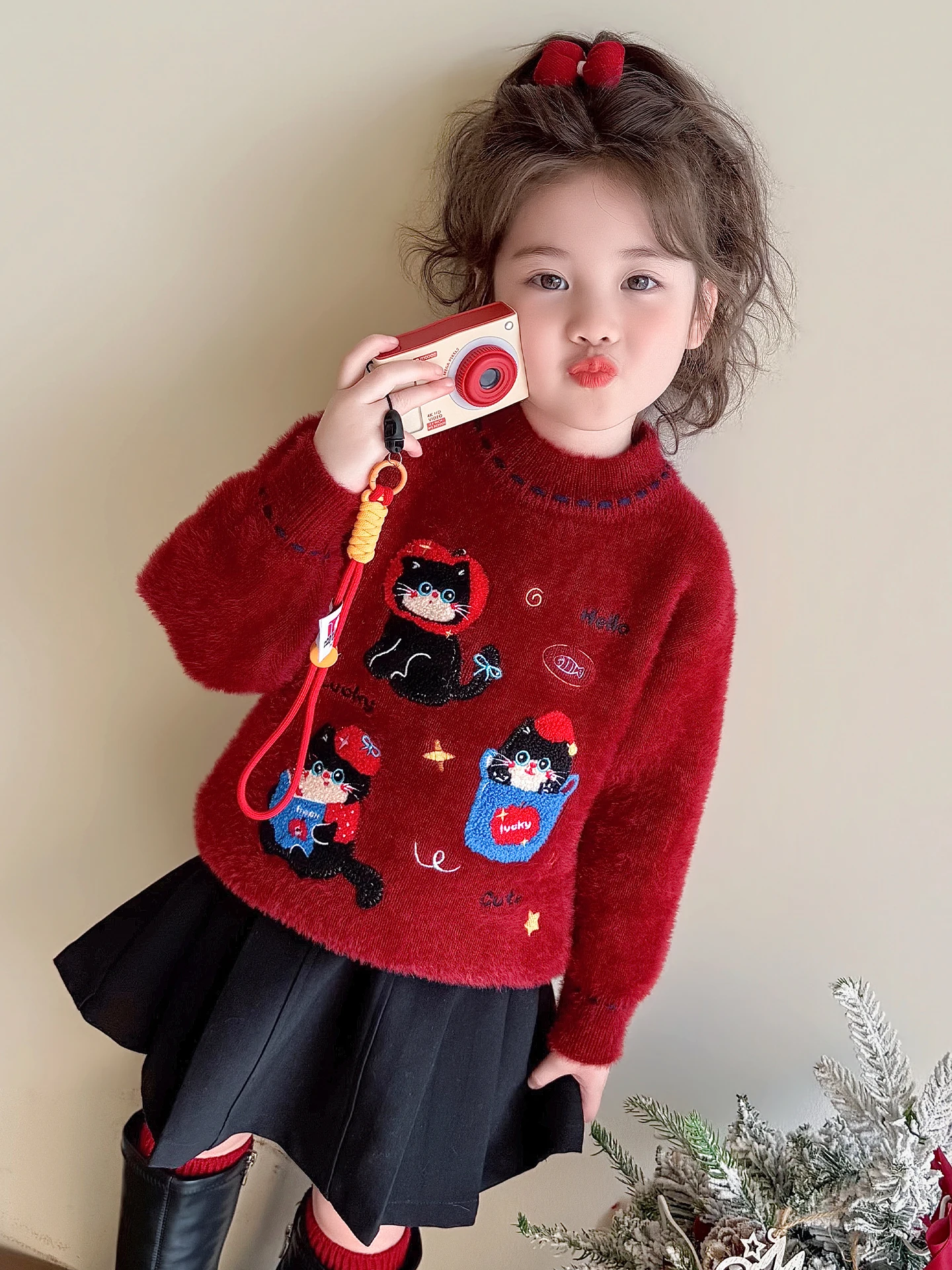 

Festive New Year's Outfit for Girls One-Piece Fce Sweater Thiened Winter Clothes Sweet Fem Baby Knitwear