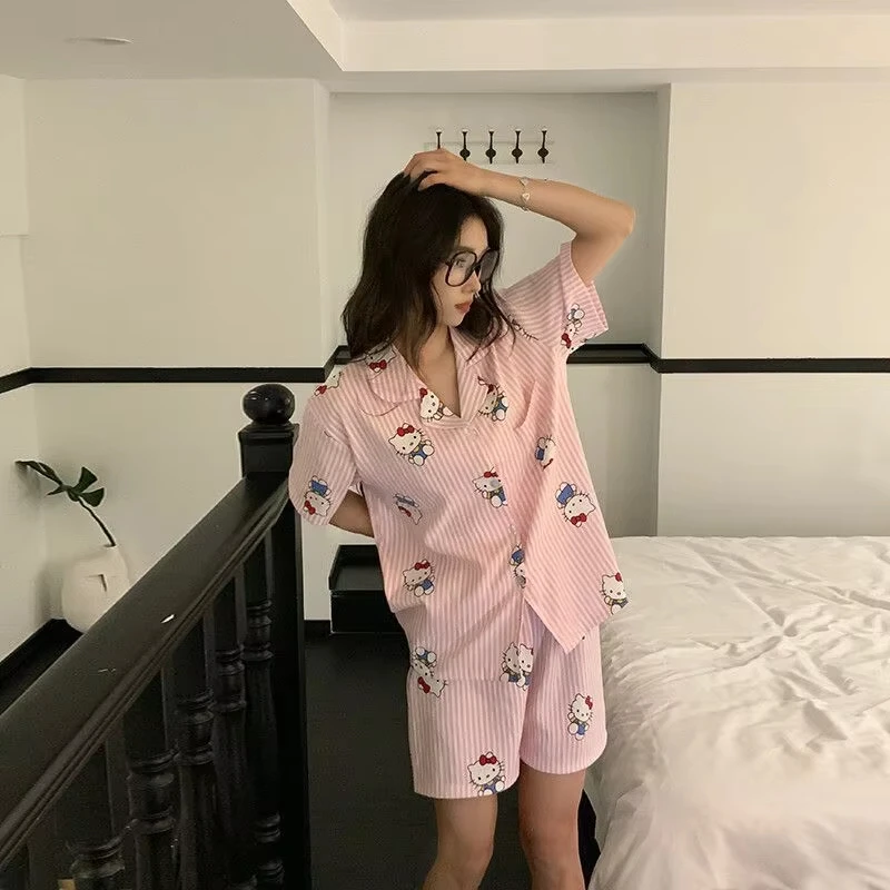 

Sanrio Hello Kitty Sleeping Shirt for Women Shorts Short Sleeve Sleepwear Summer Kawaii Cartoon leisure Pyjama Loungewear Sets