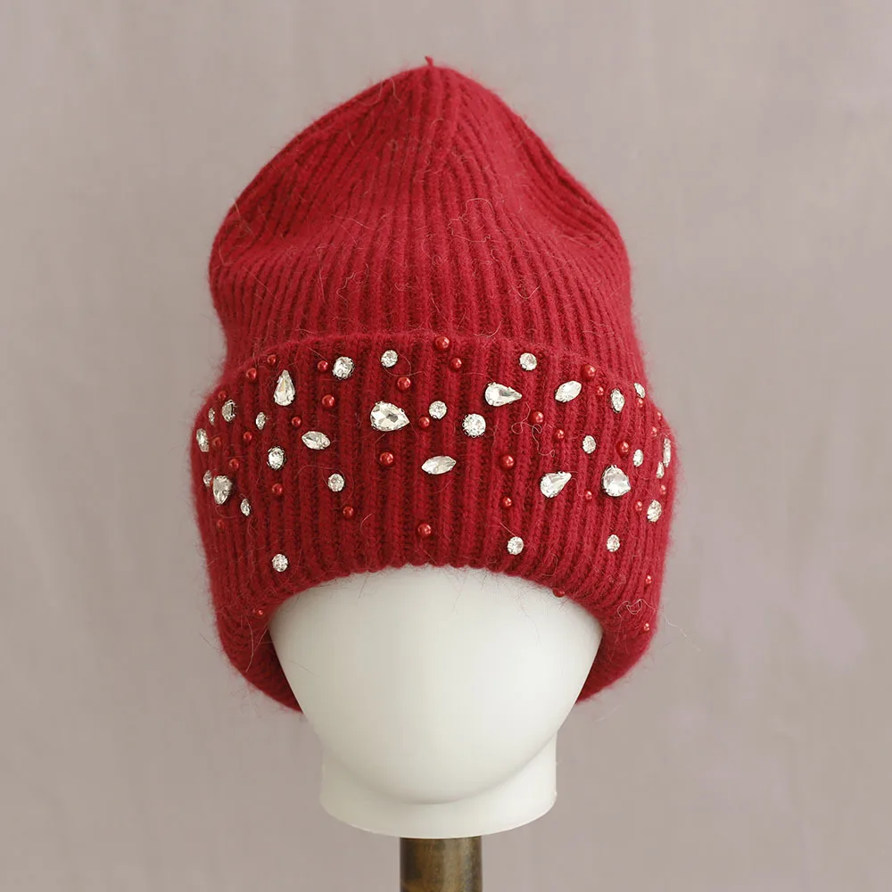 Angora Hat Rhinestone Women Winter Knit Beanie Warm Accessory For Autumn Cold Weather Skiing Outdoor Sports Holiday
