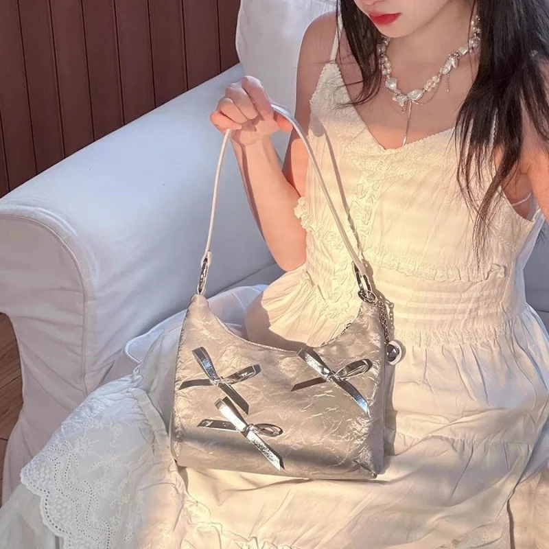 Korean Fashion Sweet Bow Underarm Bags Women Silver Commuter Shoulder Crossbody Bag