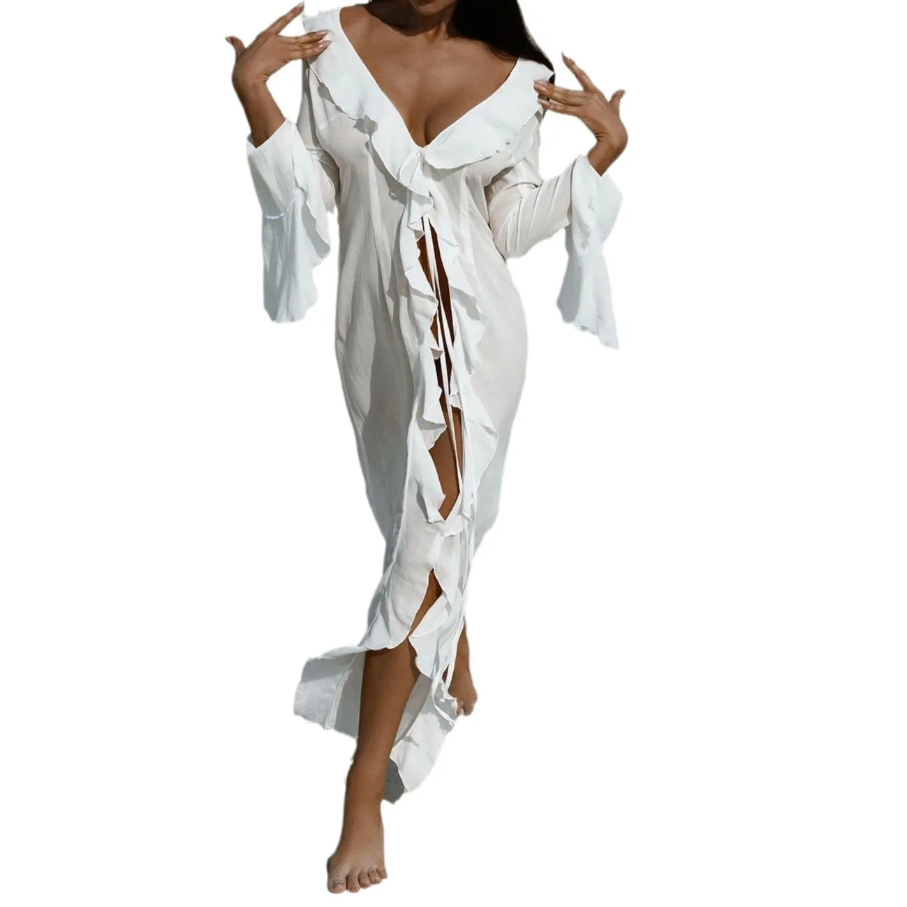 เสื้อคลุมลูกไม้เซ็กซี่ แขนยาว ถักโครเชต์ ผ้าตาข่ายบางเบา สำหรับคลุมบิกินี่ ชุดคลุมชายหาด สไตล์โบฮีเมียน ชุดคลุมชายหาดแบบกิโมโน