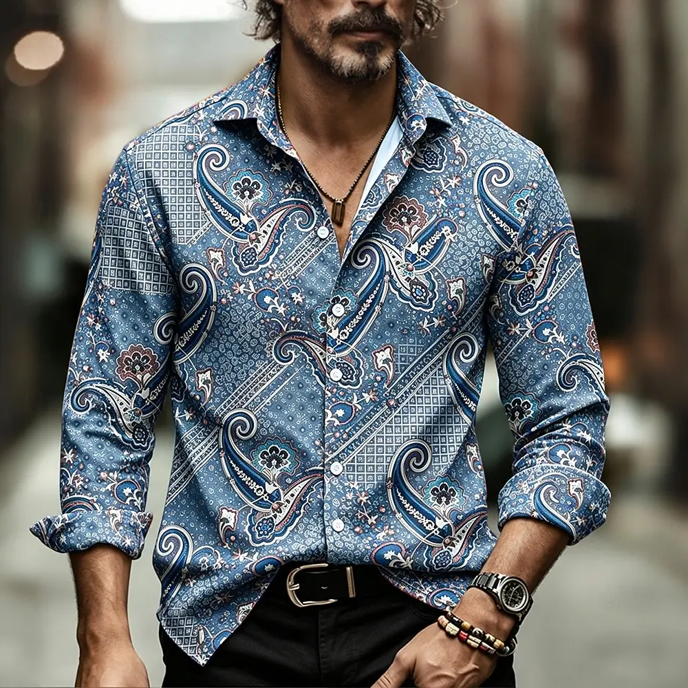 Men's Long Sleeve Lapel Shirt, Vintage Paisley Floral Print Blouse, Ethnic Casual Vacation Top
