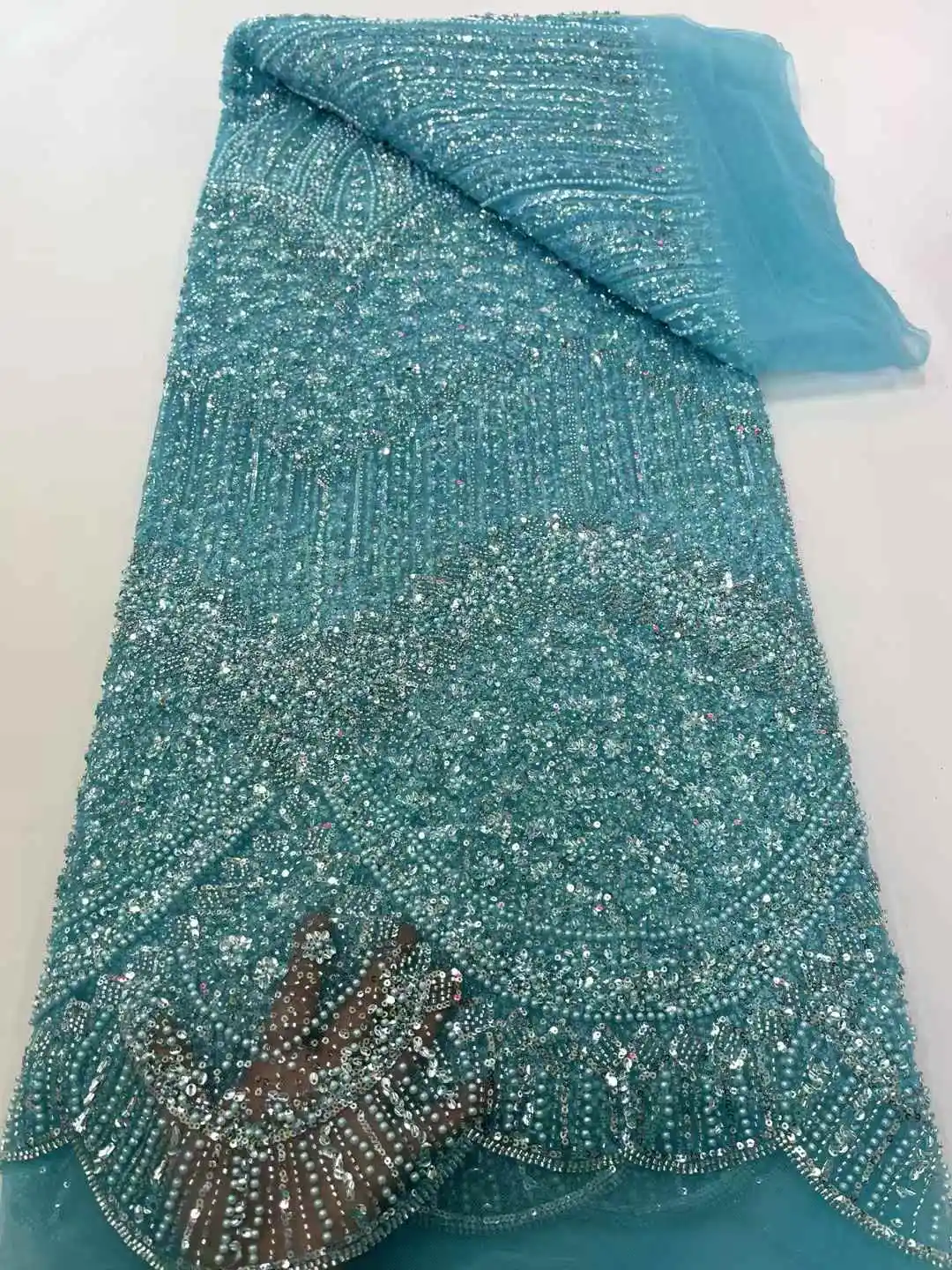 

2025 New Design African High Quality Tulle Lace Fabric With Heavy Sequin And Beaded Embriodery Lace For Wedding Dresses Design