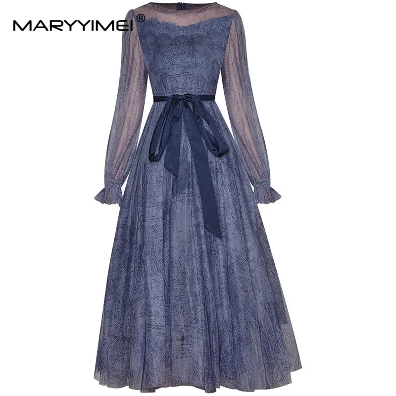 

MARYYIMEI Designer Autumn Women's Midi dress Long sleeved Vintage print Lace up Ball Gown Dresses