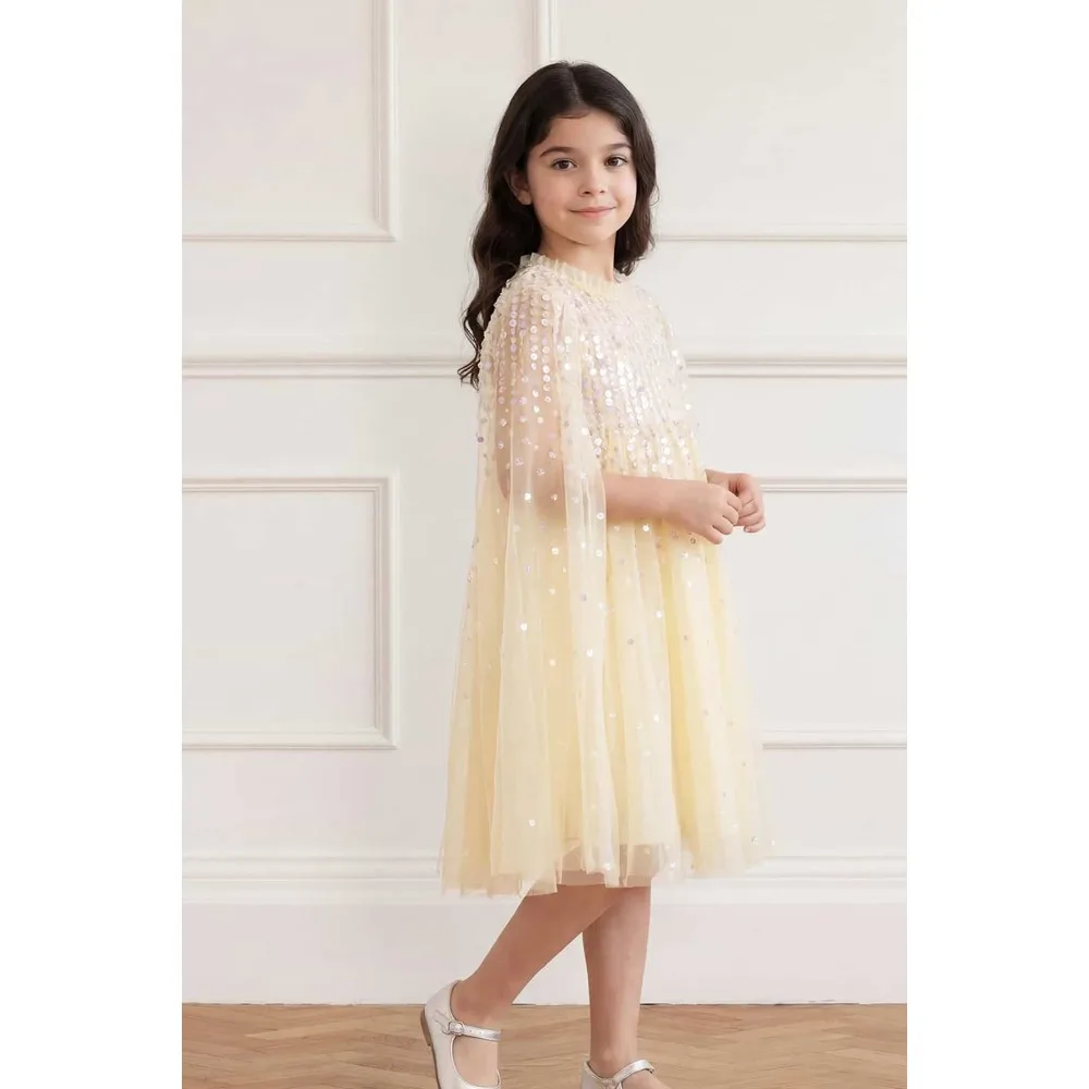 Vestido de niña de las flores personalizado con lentejuelas y fruncido para boda 2026, vestido de gala midi de tul para fiesta de cumpleaños, primera comunión, vestidos para niñas