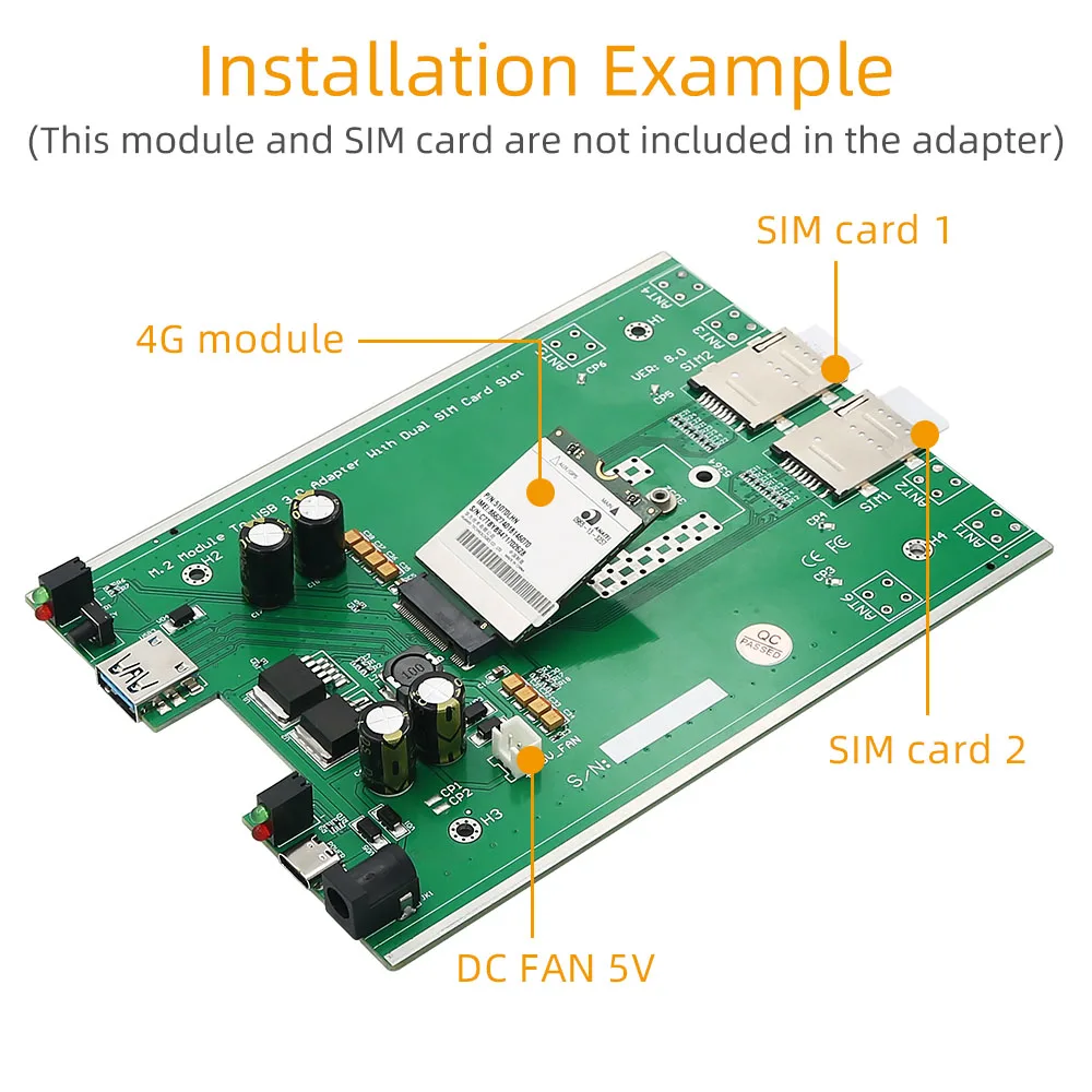 M.2 Network Adpater NGFF M.2 4G/5G Module to USB 3.0 Adapter with Dual SIM Card Slots Cooler Fan DC 5-12V Type-C Auxiliary Power