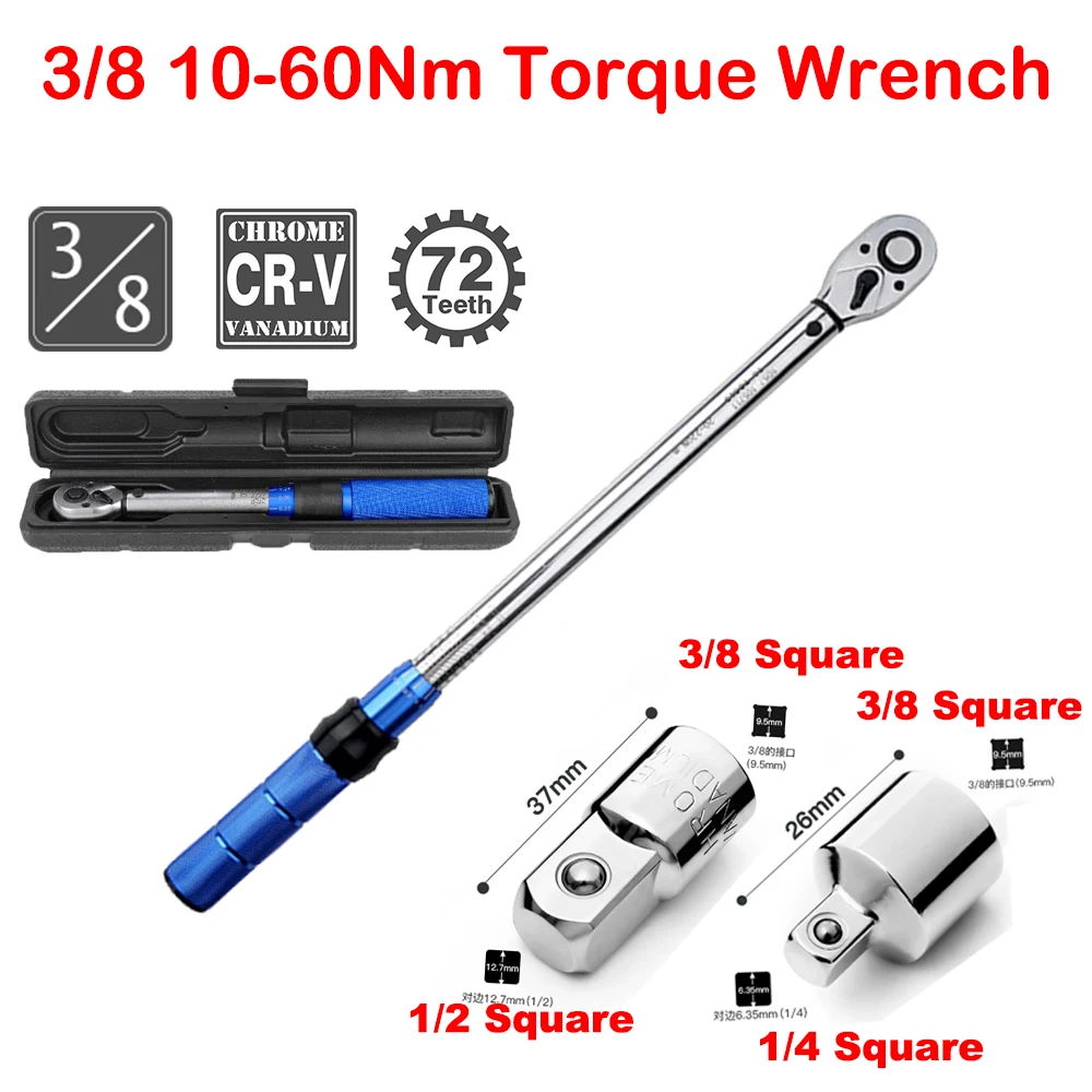 3/8 Torque Wrench 10-60Nm Bike Torque Spanner Automotive Key Mechanical Workshop Tools Professional Dynamometric Square Adapter