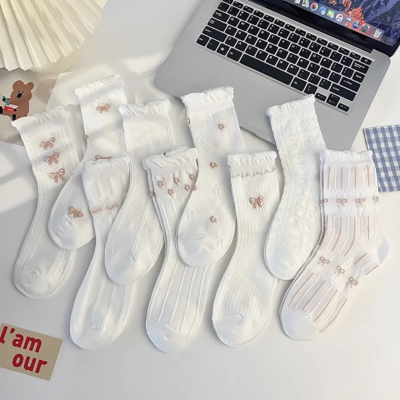 1/9 Paar Sommer dünne Blumenschleife süße weiße lange Damensocken süße und bequeme lässige und vielseitige Spitzenstrümpfe 2026