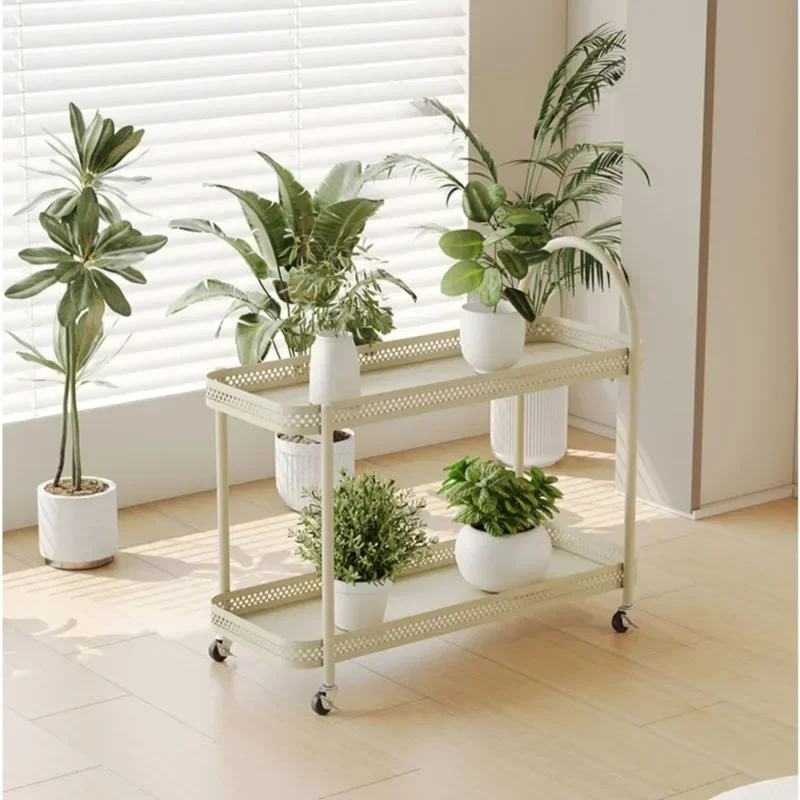 Iron Baked Paint Decorative Shelf 2 Layers Mobile Plant Stand Living Room Balcony Flowers Rack Versatile Practical Indoor Garden