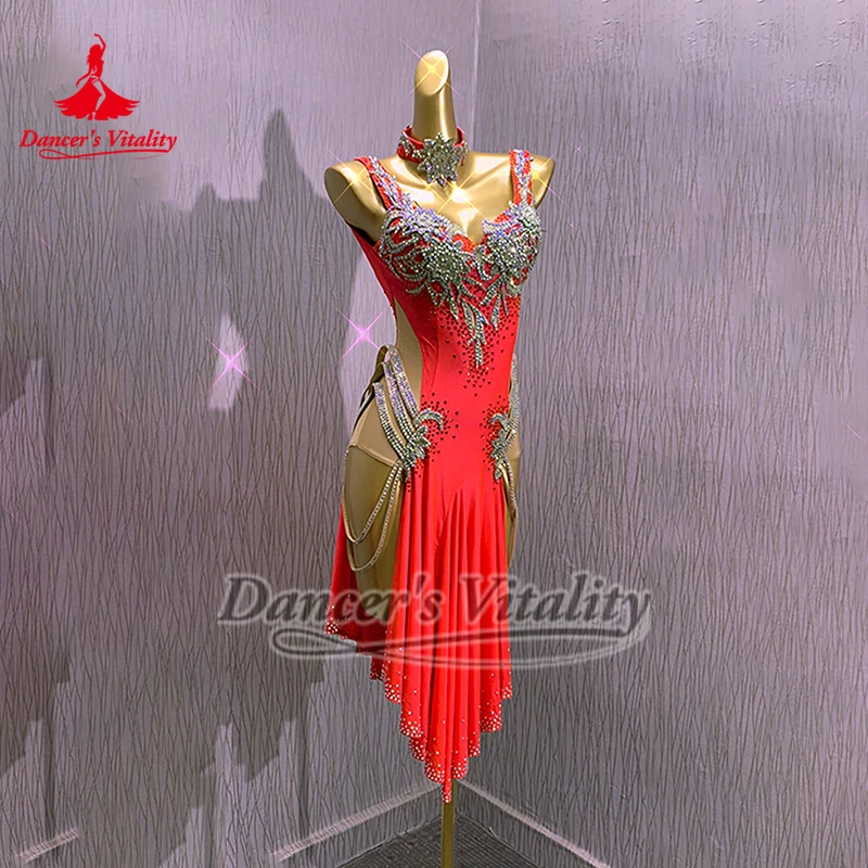 Laranja-vermelho sem mangas sem costas salsa samba vestido dançarino vitalidade adulto competição de dança latina & desempenho outfit high-end personalizado