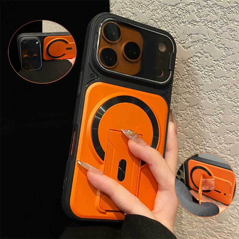 Funda blindada magnética con soporte plegable para iPhone 17 Air 16 15 14 Plus 13 12 11 Pro Max, para Magsafe, con soporte para cámara y protección de lente 3