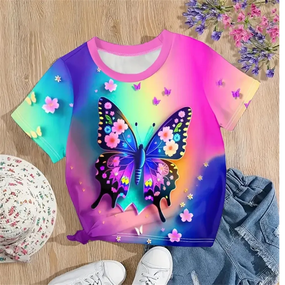 Summer 2024 Girl Clothes Butterfly Print Clothes Child Girl Short Sleeve Clothes Outdoor Fashion Tee Shirts Children's Clothing