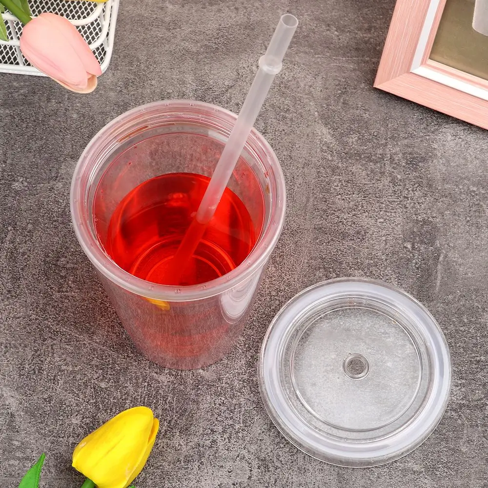 500ml Reusable Double-layer Plastic Transparent Drinking Cup Water Bottle With Lid Straw Cup Outdoor Drink Tea Milk Mug Tools