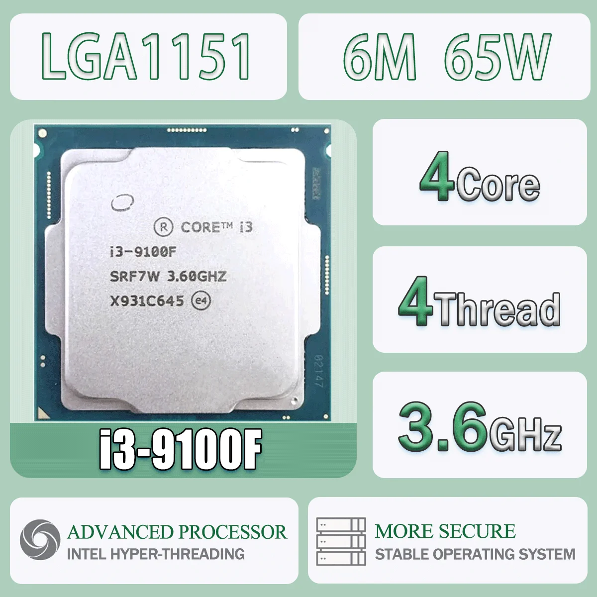 Intel Core I3-9100F 3,6 GHz Quad-Core Quad-Thread 65W 6M Computadora CPU Procesador Servidor Paquete LGA 1151