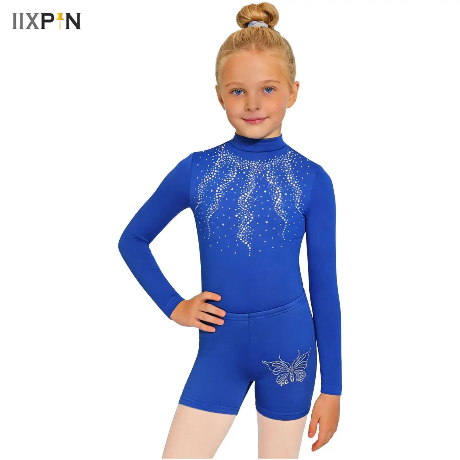 

Kids Girls Gymnastics Jersey Bodysuit Ballet Dance Outfits+Shorts Rhinestones Unitards Jumpsuit 2-piece Roller Skating Clothes