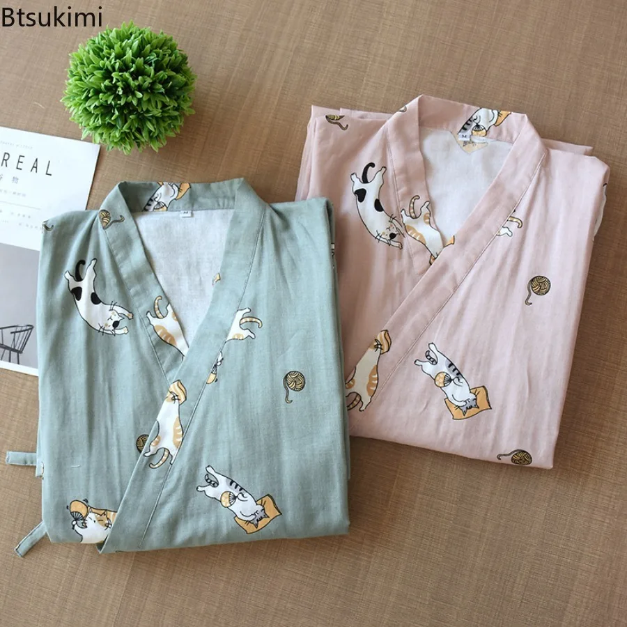 2025 Women's Robe 100% Cotton Robe Kimono Seven-Sleeve Pajamas Loose Cartoon Cat Print Night-robe Pajamas Bathrobe for Couple