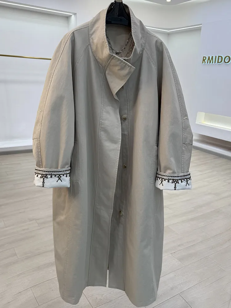 Embroidered trench coat women's 2026 lazy wind relaxation knee coat