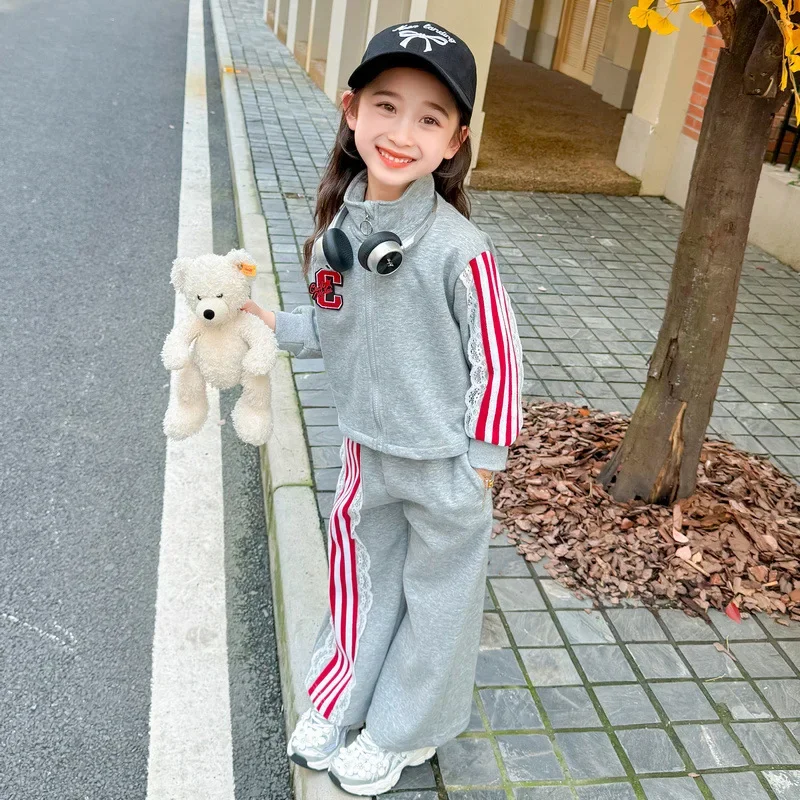 Girls' suit Spring and Autumn children's fashion sweater sports lace pull-up wide-leg pants two-piece set