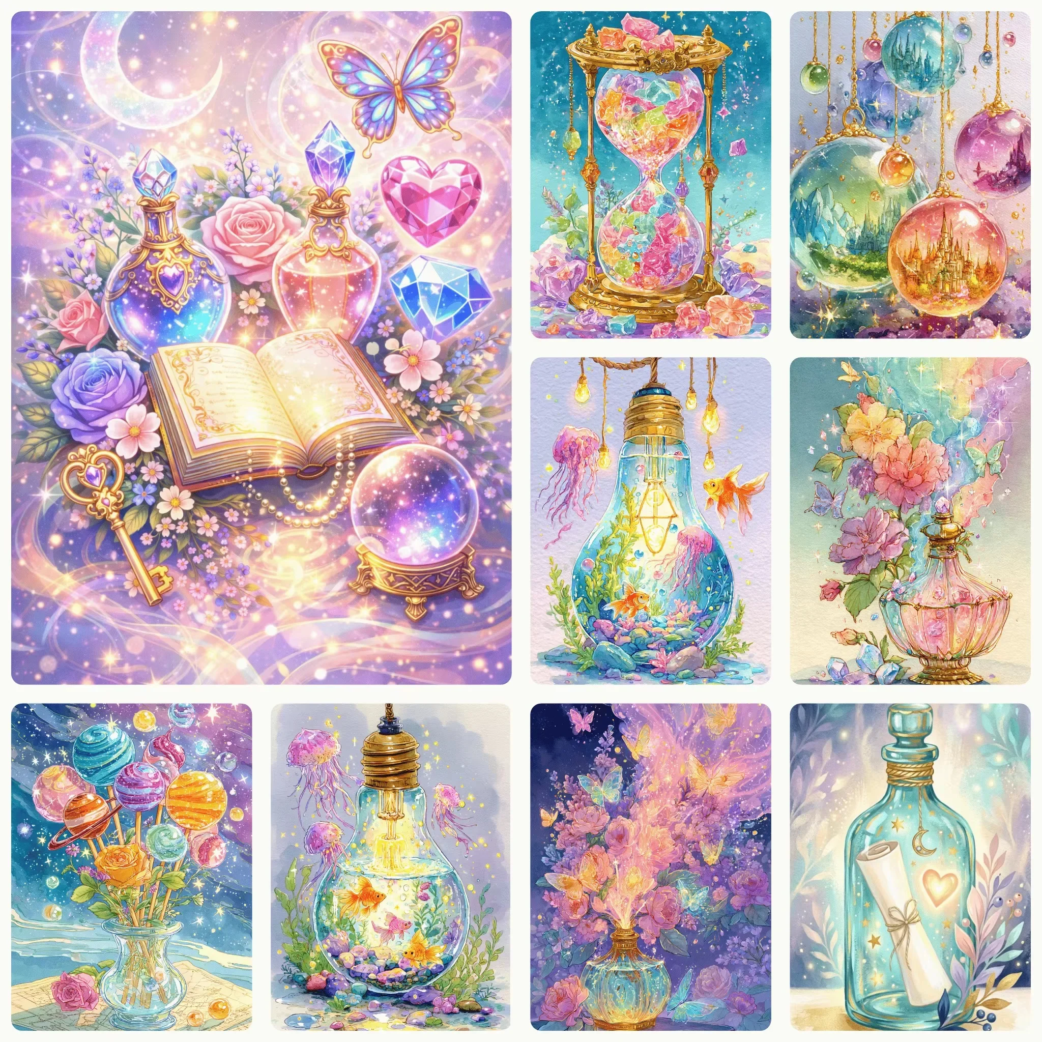 Pintura de Diamantes Sin Marco, Botella de Poción Mágica de Fantasía y Botella de Deseos con Forma de Planeta, Arte Manual, De