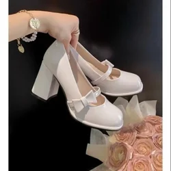 New Sheepskin Edition~French Marilyn Shoes Women's Sandals Spring Summer Pink Bow Round Toe Single Shoes Thick Heels High Heels