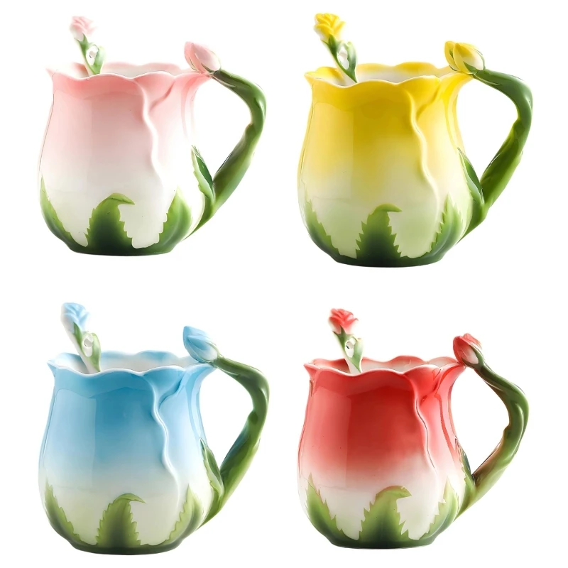 Ceramic Flower Design Mug Coffee Cup with Handle for Breakfast Table, Tea Pause, Office Desk and Home Corner Daily Use Y5GB