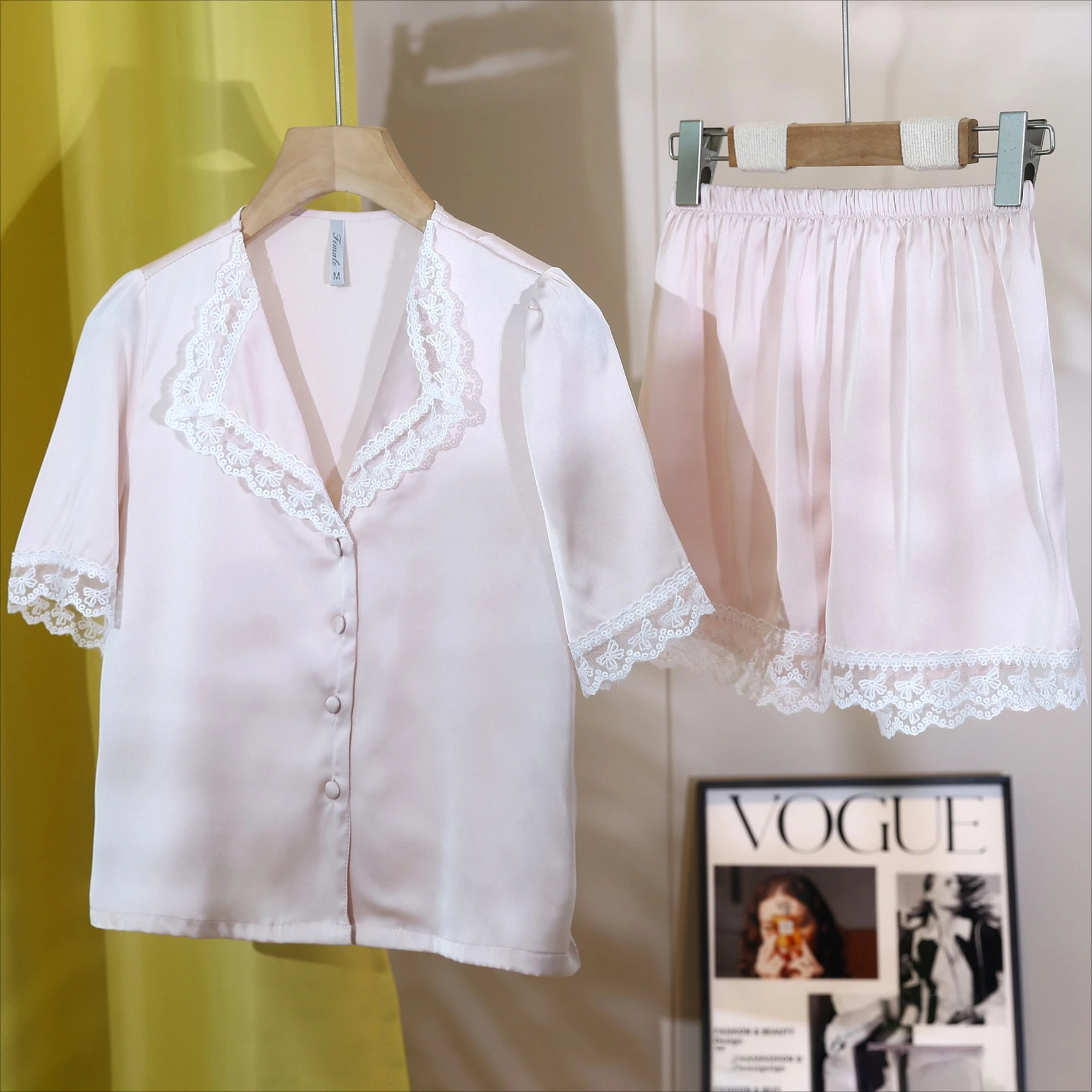 

Two-pieces Pajamas Set Summer Lace Short Sleeve Shirt&Pants PJS Suit Lingerie Women Silky Satin Sleepwear Pyjamas Home Clothes