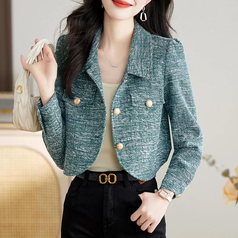 Early Autumn 2023 New Small Fragrant Short Coat Round Neck Long Sleeve Slim Fit and Slim Temperament Office Lady ComfortableTop