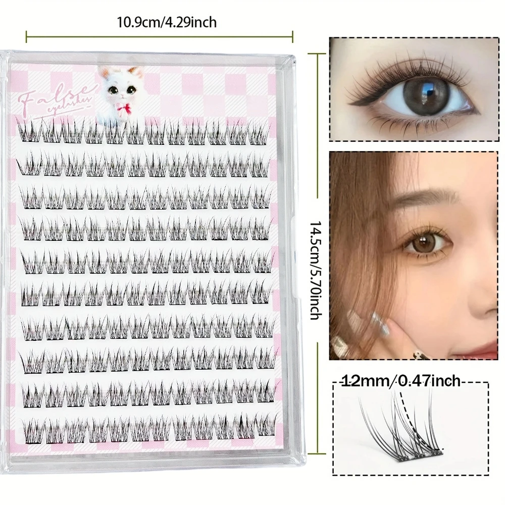 Effortless Glam, Easy-Apply 120 Cluster Self-Adhesive False Eyelashes Kit - C Curling, 12mm Fishtail Design, Natural Cross Style