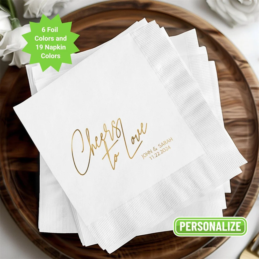 

50PCS Custom Wedding Cocktail Napkins, Cheers to Love, Foil Personalized Event Napkins, Elegant Wedding Decor, Customizable Part