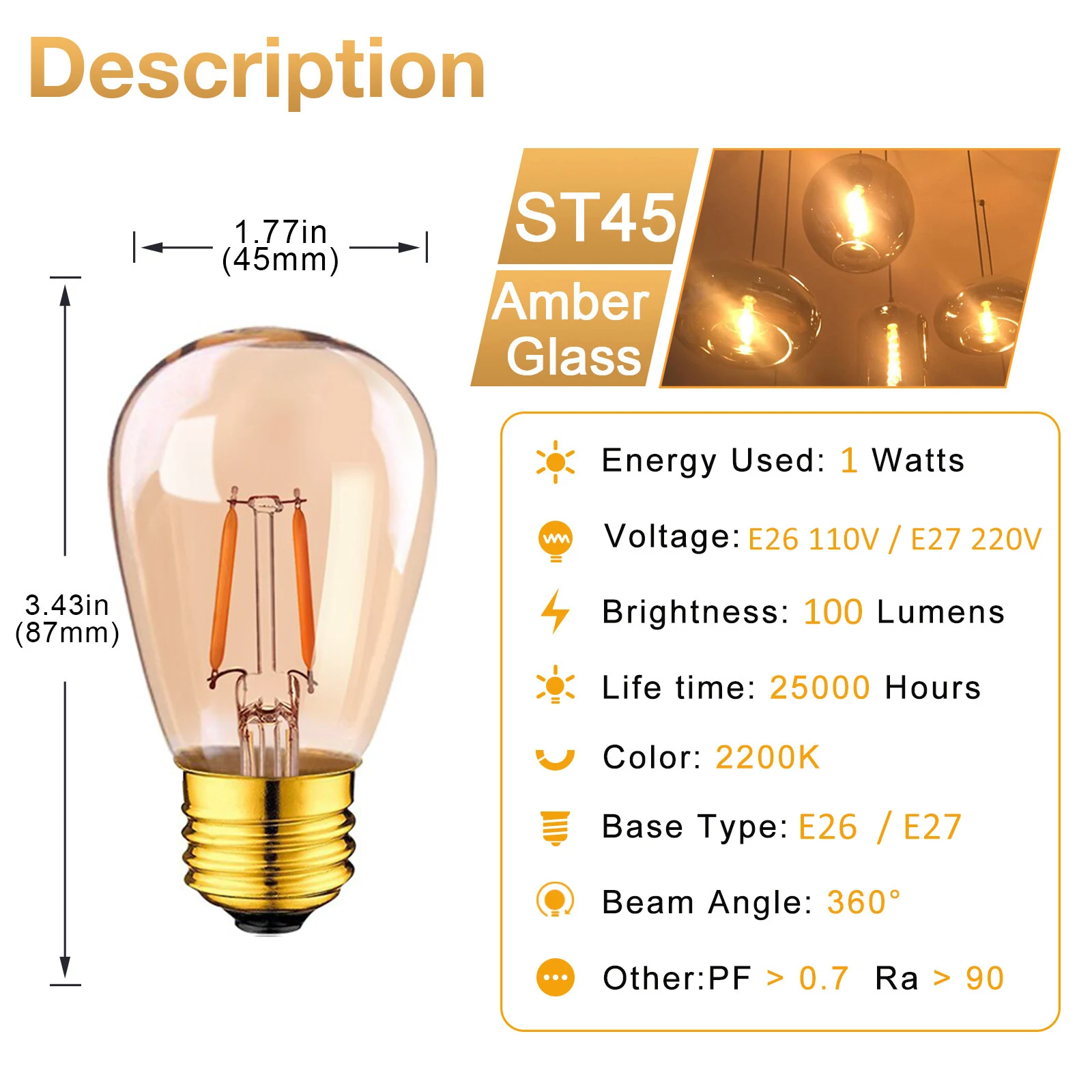 Vintage Edison LED Light Bulb S14 1W E27 Amber Bulbs Warm White 10W Equivalent Incandescent for Garland Pendant Light Decoration