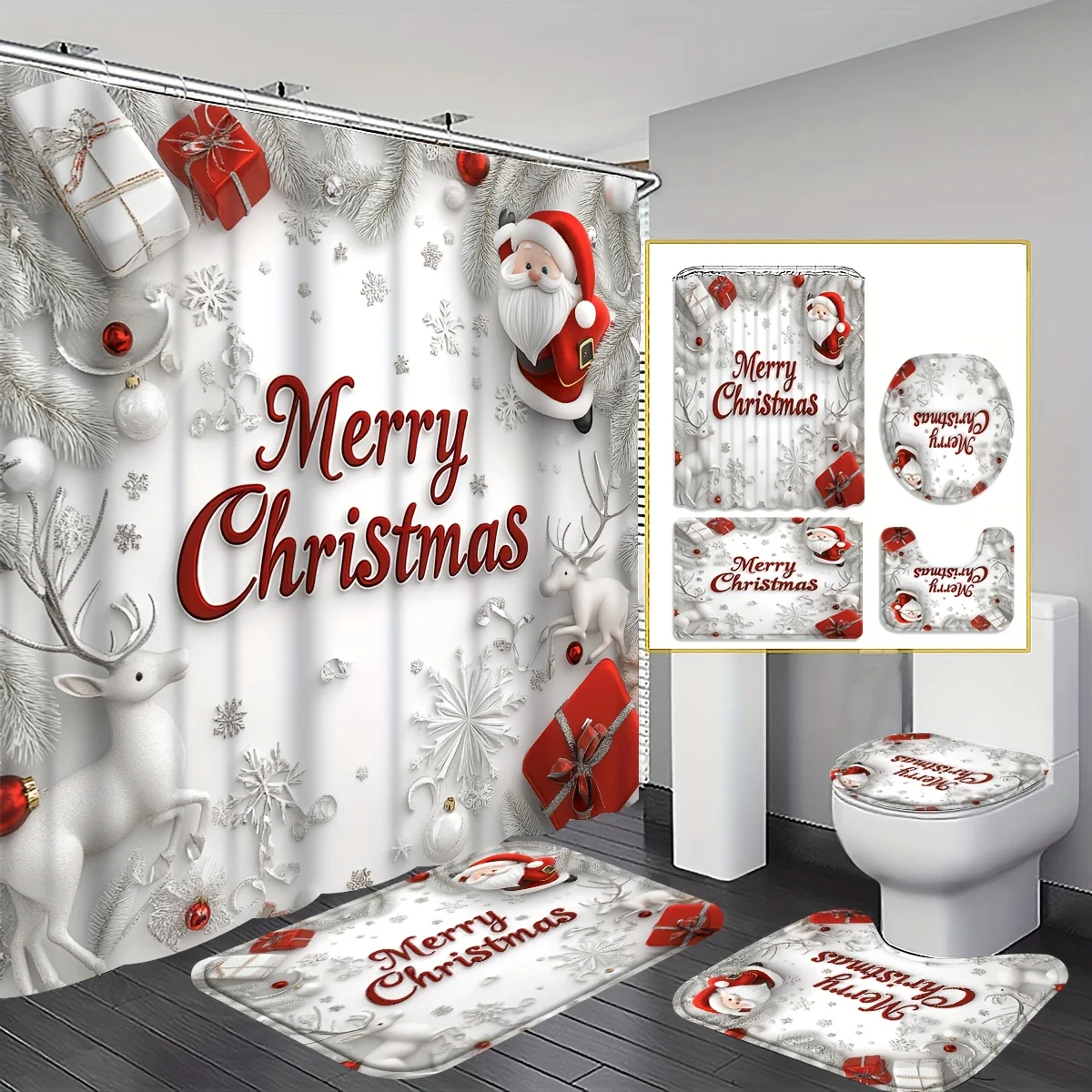 4pc 2D Flat Santa Christmas Shower Curtain Set, Red & White Snowman Scene, Home Festival Bathroom Decor, 12 Hooks Included