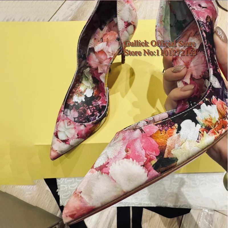 

New Arrivals Flower Printed Cutouts Women Pumps Pointed Toe 10cm 8cm Floral Pattern Slip On Female Wedding Bride Evening Shoes