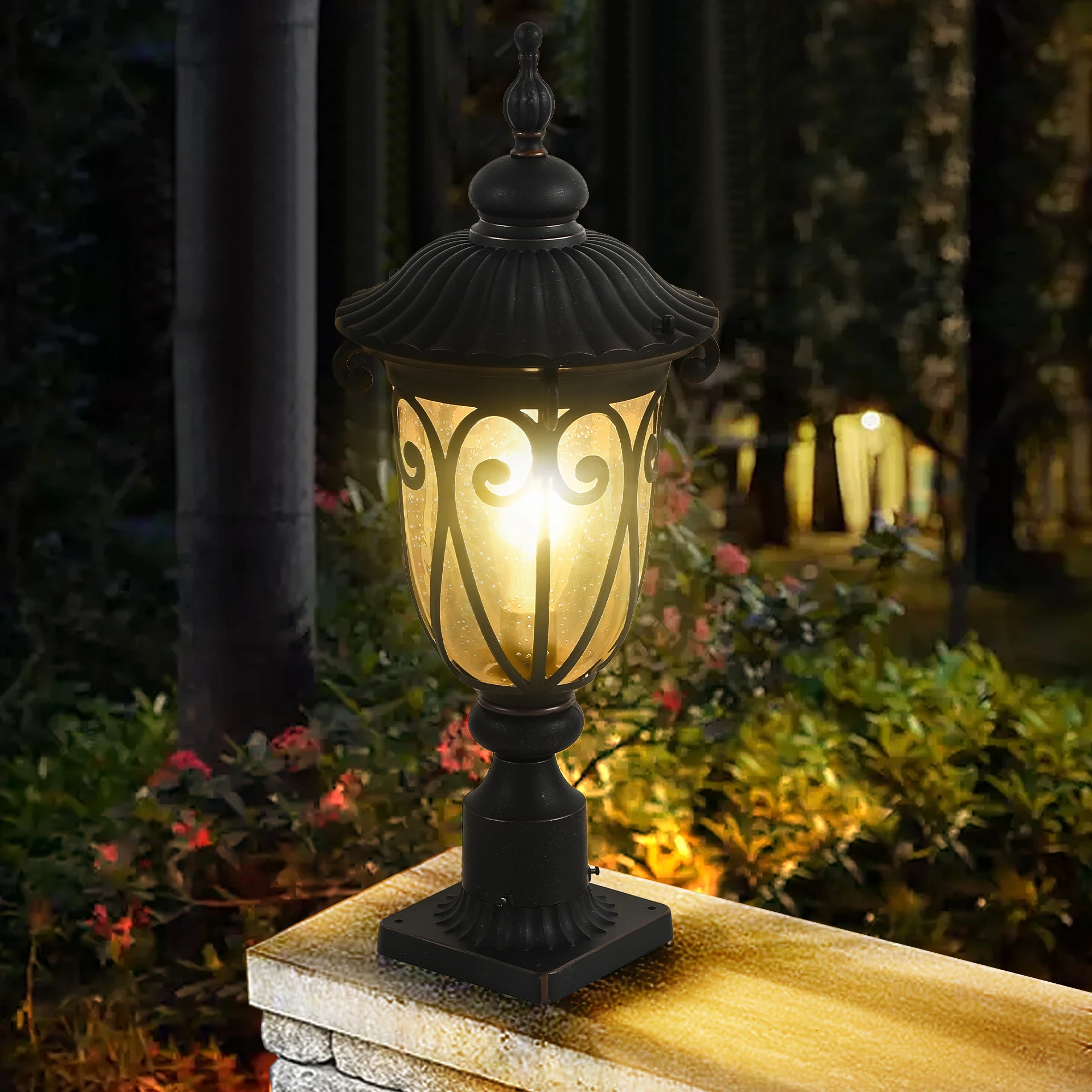 Vintage Black Outdoor Post Lantern - Waterproof Aluminum Lamp Post Light with Bubble Glass, Decorative Garden Lighting(No Bulb)