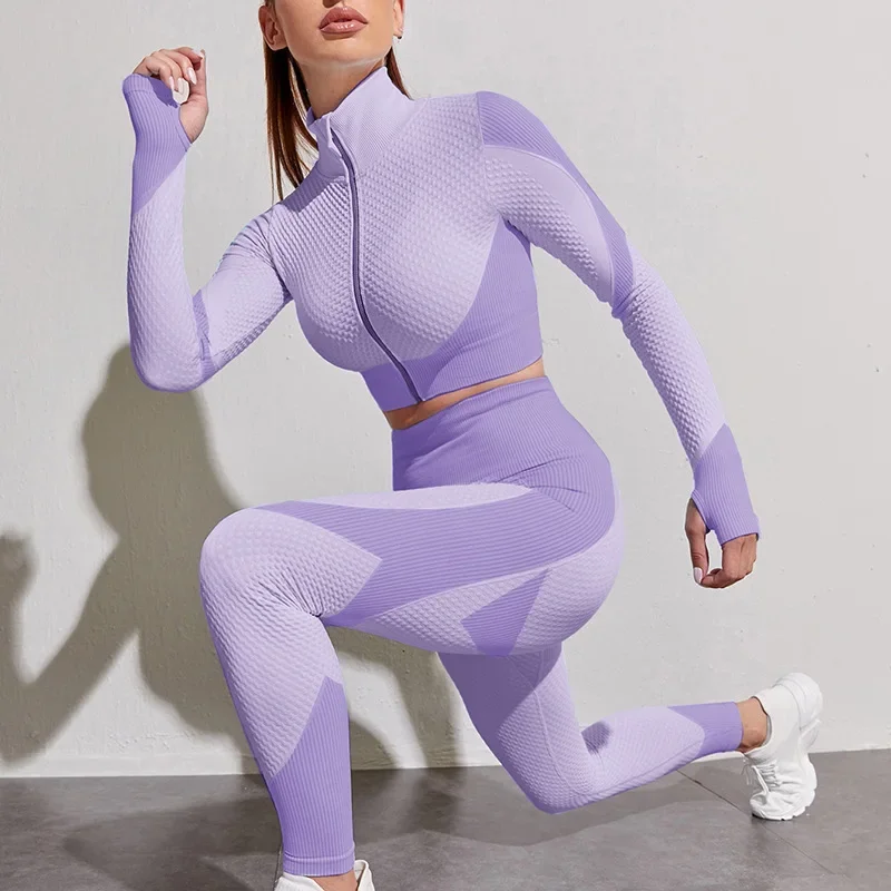 Conjunto de Yoga sin costuras de secado rápido para mujer, ropa deportiva de entrenamiento, ropa de gimnasio, Top corto de manga larga, Leggings de cintura alta, trajes deportivos