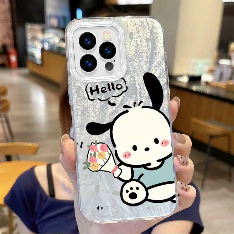 Sanrio Pochacco Cartoon Phone Case for iPhone 16 15 14 13 12 11 8 7 6 Pro Max Plus XS XR Hard Feather Yarn Shockproof Back Cover