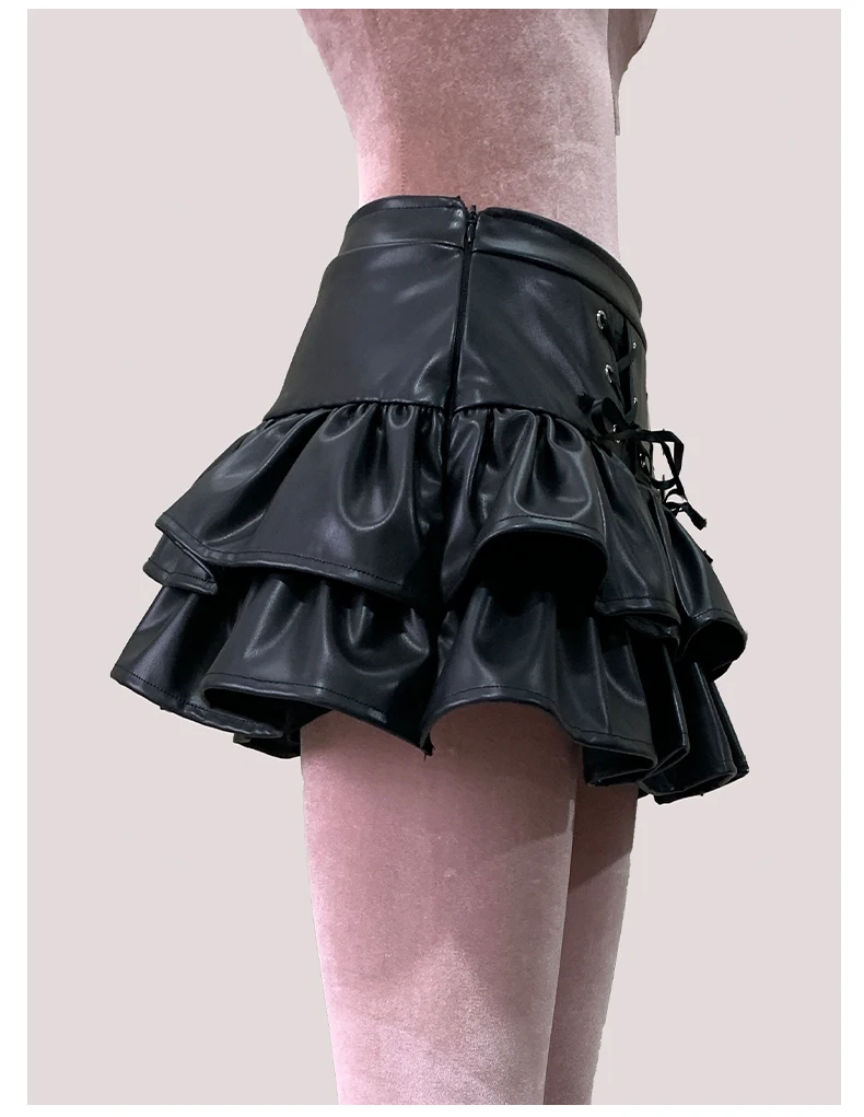 Nerazzurri Summer Autumn Soft Black Pu Leather Mini Tiered Pleated Skirt Women Lace Up Short Luxury Designer Punk Style Clothes