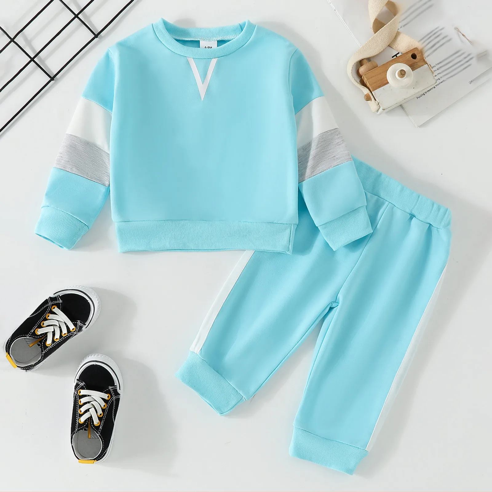 Baby Boy Contrast Colors Pant Sets Spring Autumn Clothes Warm Long Sleeve Sweatshirt and Elastic Sweatpants 2 Piece Track Suit