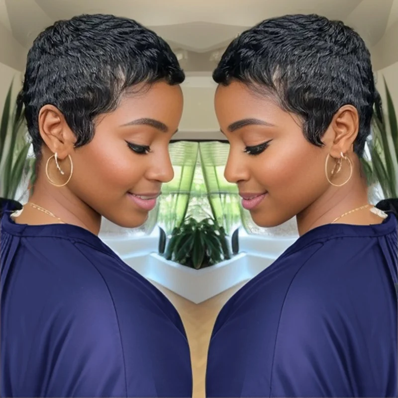 브라질 인모 풀 머신 메이드 가발 짧은 레이어드 픽시 헤어컷 여성용 헤어스타일