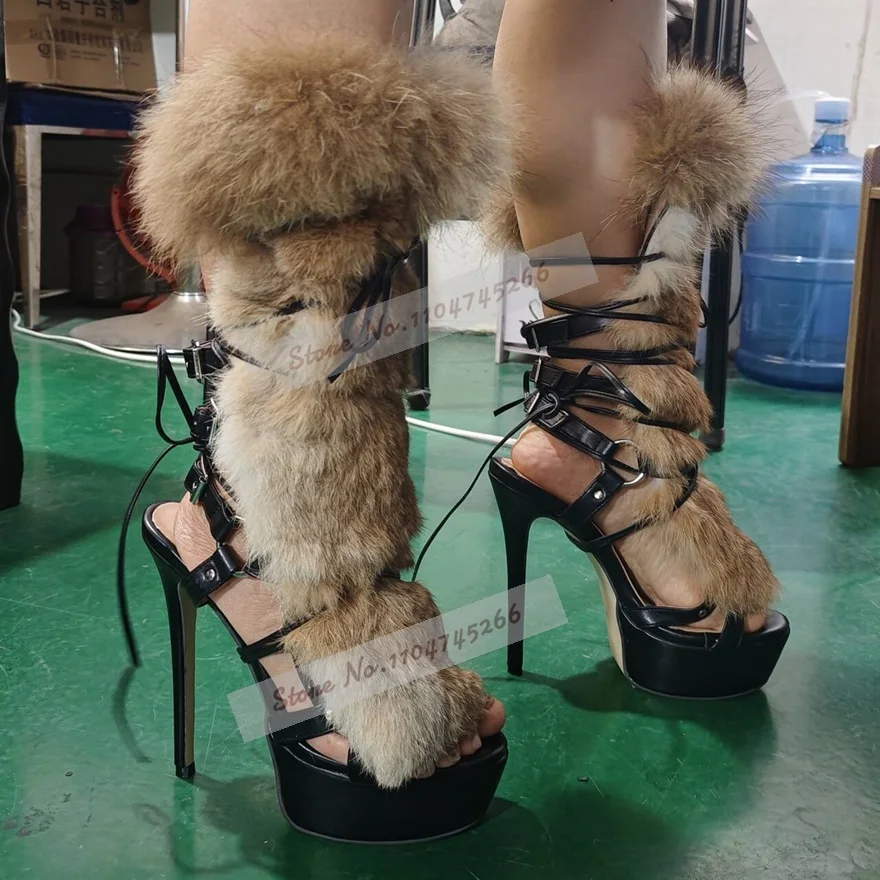 

Women Soft Fluffy Fur Mid-Calf Sandal Boots Black Matte Stiletto Heel Platform Sandals Real Fur Buckle Strap Sandals Plush Shoes