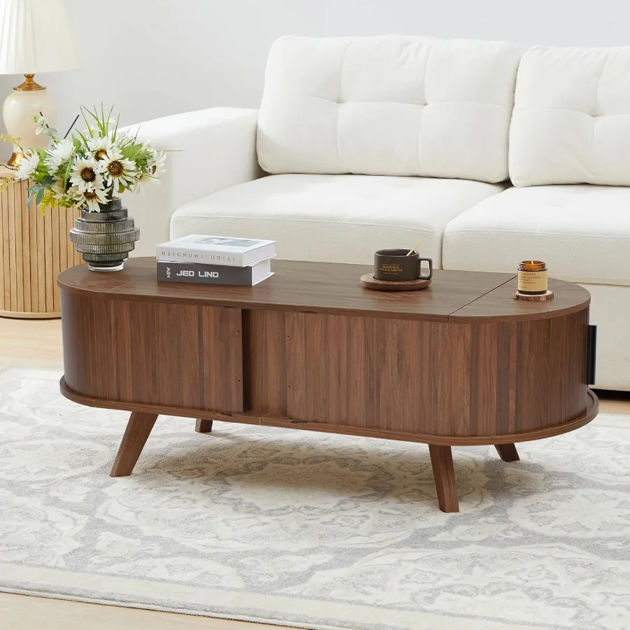 Mesa de centro pequeña con tapa elevable y puerta de pandereta corredera, mesa de centro curvada moderna de mediados de siglo 47,3 con mesa central ovalada de almacenamiento