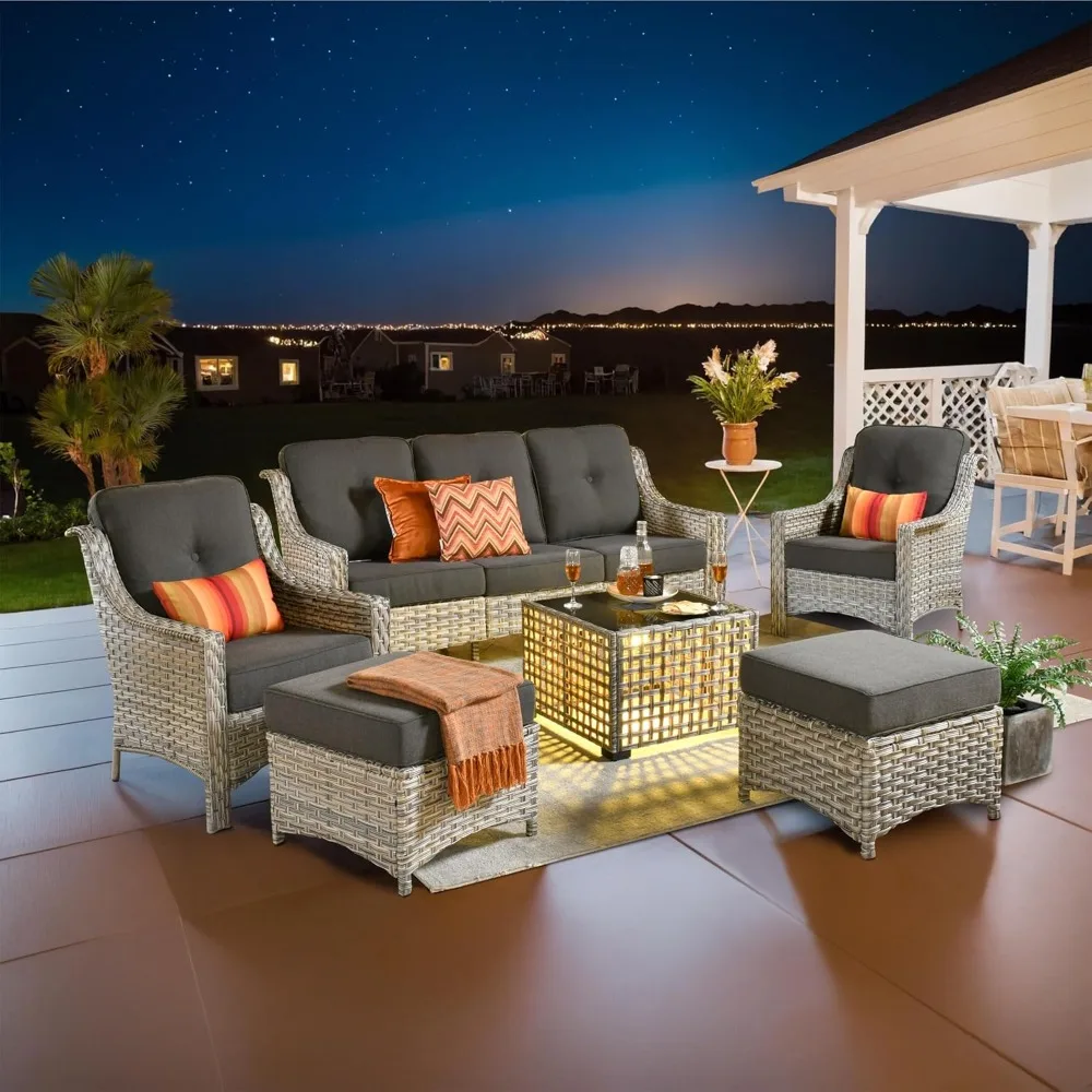 

Outdoor 6 Pieces Coversation Set with Glowing Coffee Table, Patio Furniture High Back Couch with Ottoman, Rattan Wicker 3-Seater