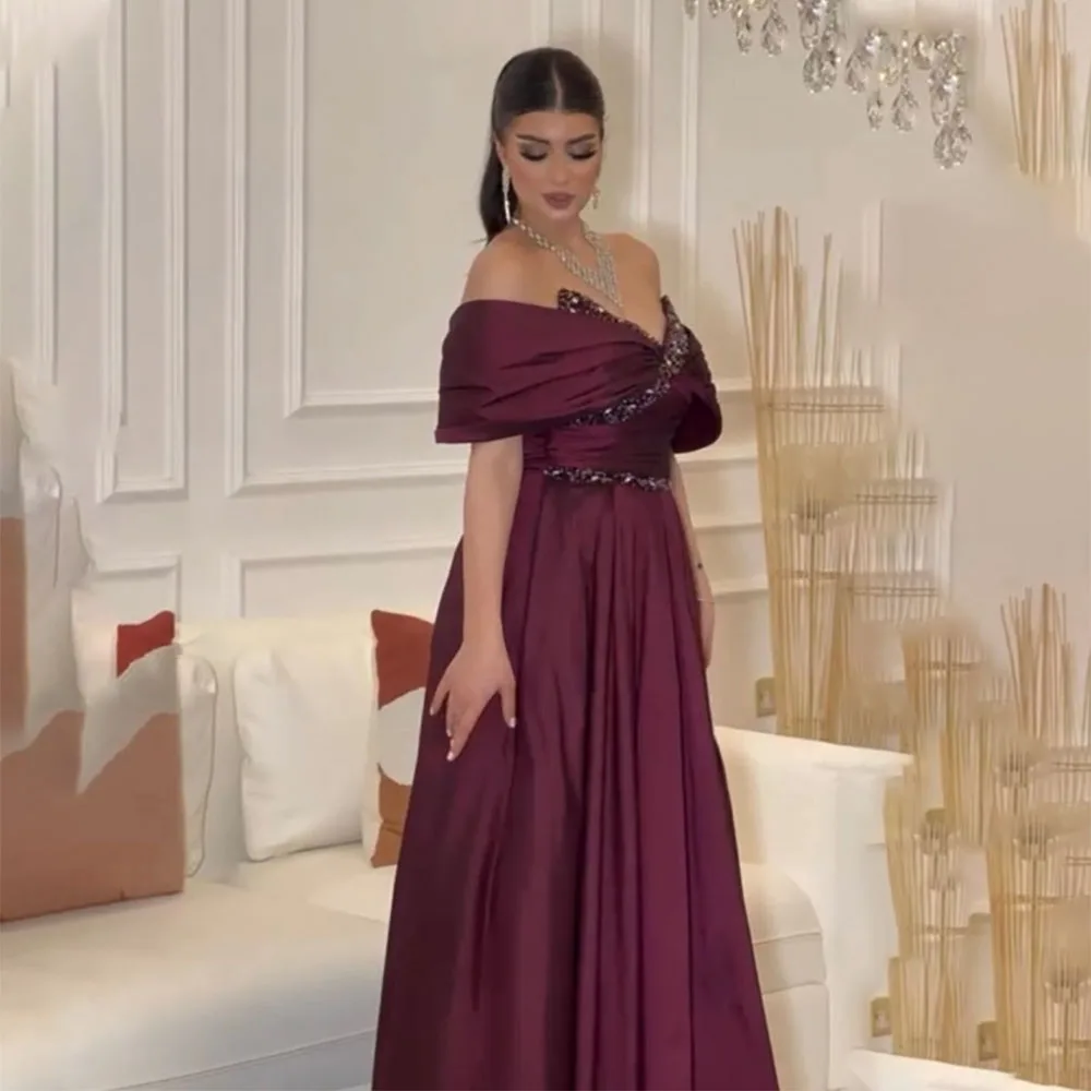 

OEING Vintage Ankle Length Evening Gowns Off Shoulder Prom Dresses Short Sleeves Beading Cystals Saudi Arabia Vestidos De Novia