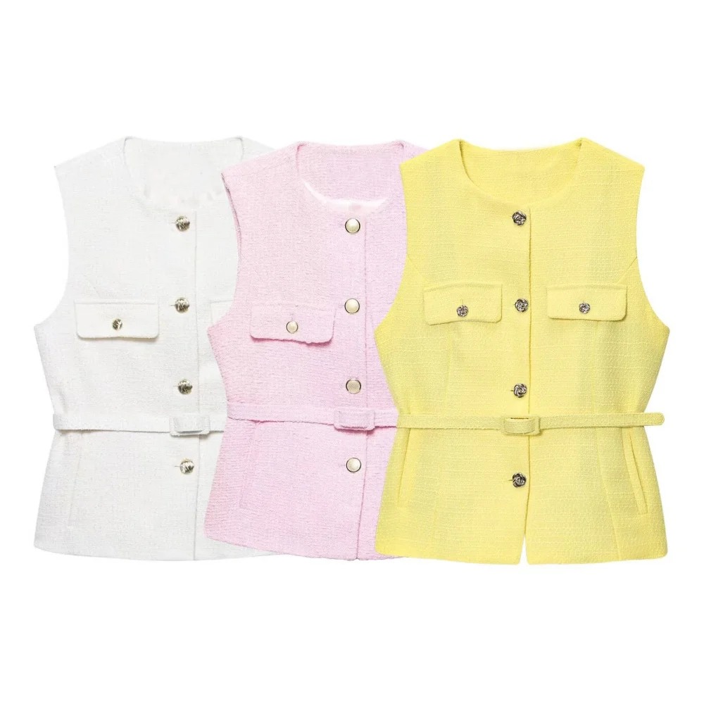 

UNIZERA Women's Belt Texture Tank Top Round Neck Buckle Decoration Spring/Summer New Casual Women's Wear